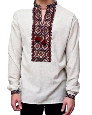 VYSHYVANKA men Beige Embroidered Linen SHIRT Ukrainian Wedding dress S-4XL - Image 1 of 3