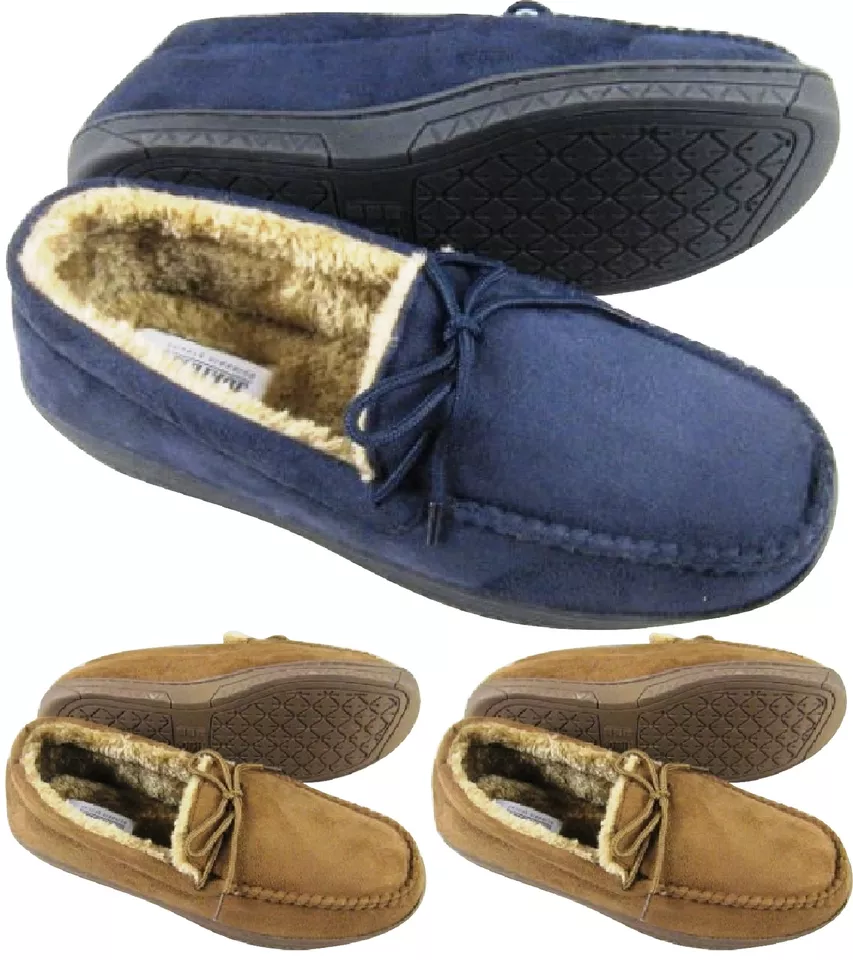 MENS MOCCASINS WARM FAUX SUEDE SHEEPSKIN FUR LINED WINTER LOAFERS SLIPPERS SIZE - Image 1 of 1