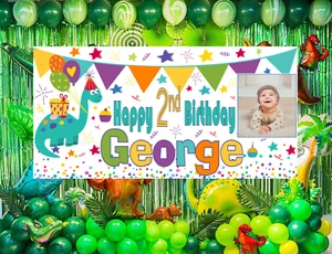 Personalised Dinosaur Birthday Banner with Photo 1st First 2nd 3rd 4th Large - Picture 1 of 9