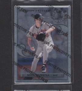 1996 LEAF PREFERRED STEEL SILVER PROMO SAMPLE #47 MIKE MUSSINA SP EST /50 MADE