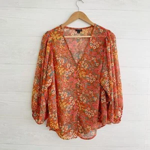Torrid - Orange floral v-neck button front 3/4 sleeve chiffon top, 00 (10) - Picture 1 of 7
