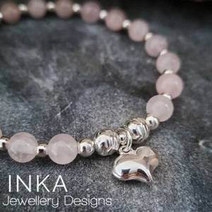 Inka 925 Sterling Silver & Rose Quartz Stacking Bracelet with 3d Heart Charm - Picture 1 of 4