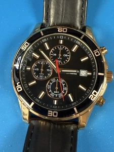 SEKONDA Mens Chronograph Watch Black Dial & Band Gold Case & Markers Date Window - Picture 1 of 11