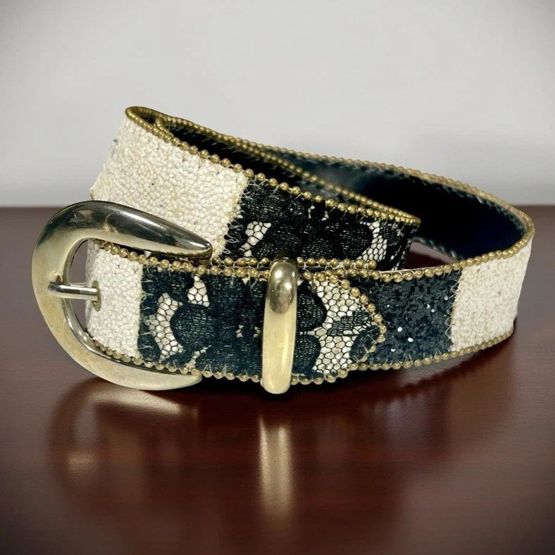 80's Elite California Belt Women's L White Black Glitter Sparkle Lace Gold Studs - Image 1 of 4