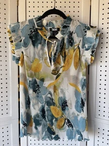 DKNY Women's Medium Short Sleeve Floral Print Top Blue Yellow Pleated Ruffles - Picture 1 of 8