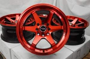 15x7 Wheels Rims Red Black Fit Cooper Miata MX5 Kia Rio Elantra Accent Civic - Picture 1 of 6
