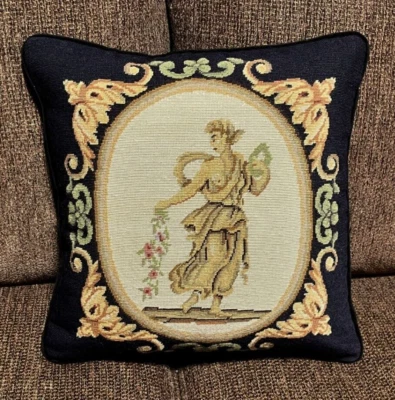 Vintage Wool Needlepoint Throw Pillow Cover Navy Blue Greek Goddess with Garland - Image 1 of 4