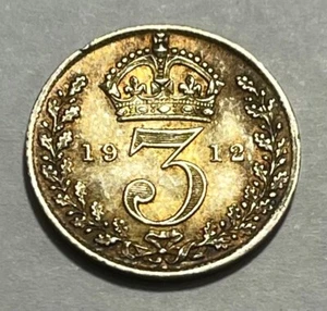 GREAT BRITAIN - George V - Silver Threepence 1912 - Toned Br. Uncirculated! - Picture 1 of 2