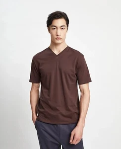 Grana Supima Cotton Dark Oak Brown V-Neck Short Sleeve Tee T-shirt L - Picture 1 of 6