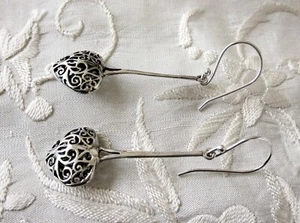 Scroll Work Heart Dangle Earrings, 925 Sterling Silver, 2 inches long - Picture 1 of 4