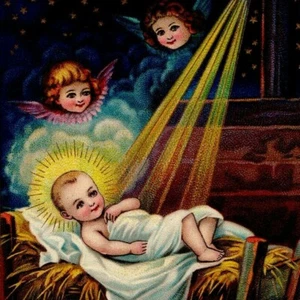 Antigua Postal Deseos de Navidad Niño Jesús en Pesebre Ángeles Luz Divina Estrella - Imagen 1 de 3