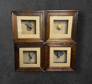 Menge 4 geschnitzte Holz Löwen Nashorn Elefant & Giraffe im Rahmen Shadowbox Konvolut - Bild 1 von 9