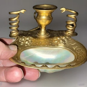 C1900 PALAIS FRANCÉS PLUMA REAL CANDELABRO BRONCE DORADO SERPIENTES Madre DE Perla - Imagen 1 de 12