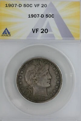 1907-D  .50 ANACS   VF 20   Barber Half Dollar, Liberty Head Half, 50 Cents - Image 1 of 2