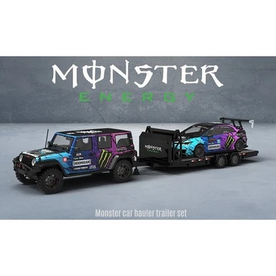 Trailer Set - Jeep Wrangler + Civic + Trailer  - MONSTER - TIME MICRO 1:64 - Immagine 1 di 4
