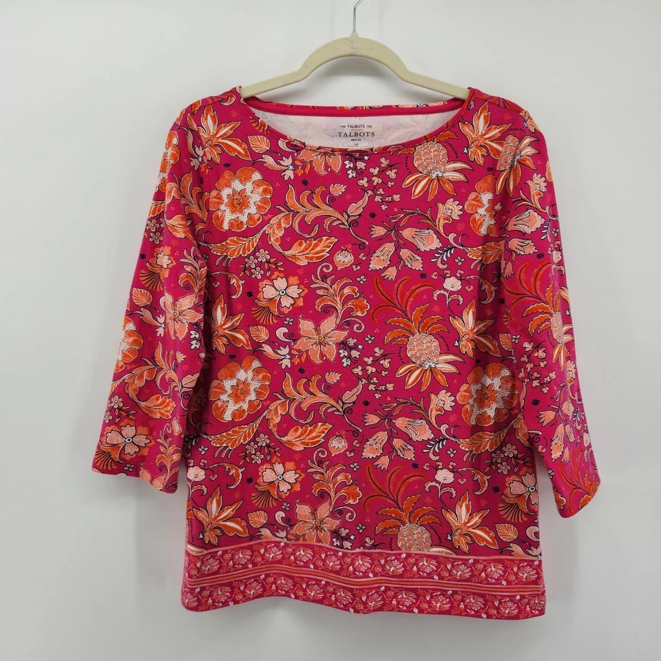 Camiseta Talbots Petite Grande Rosa Naranja Floral Colorida Manga 3/4 Algodón Spandex Foto 1 de 4