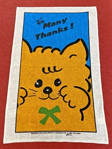 Vintage Artisign Australia Tea Towel w Many Thanks Cute Cat Pattern Kitchen Art - Foto 1 di 13