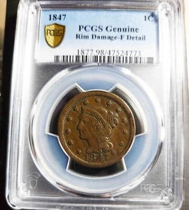 1847 Braided Hair One Cent 1c PCGS Graded Genuine Rim Damage-F Detail - Picture 1 of 15