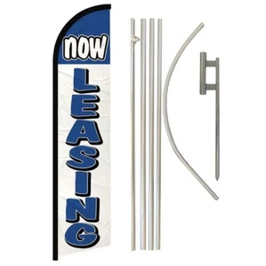 Now Leasing Blue & White Windless Banner Flag & Flag Pole Kit & Ground Spike - Picture 1 of 1