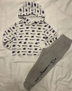 Champion Boys 4T Pullover Hoodie Sweatshirt & Pants Logo All Over Print White - Picture 1 of 12