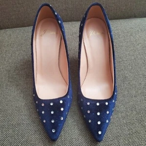Zapatos de salón de noche J.Crew de terciopelo azul marino con tachuelas de pedrería talla 6,5 - Imagen 1 de 5