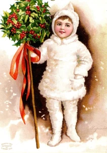 Linda niña victoriana en relieve postal de Navidad de 1909 sosteniendo muérdago - Imagen 1 de 3