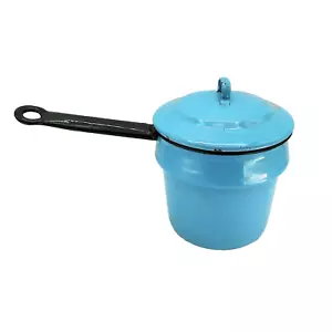 Olla de salsa azul brillante esmaltada vintage con tapa camping vintage - Imagen 1 de 15