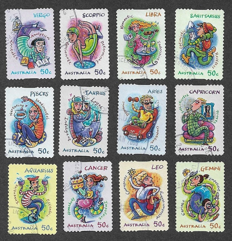 AUSTRALIA SIGNOS DEL ZODIACO FINO USADO AUTOADHESIVO SET DIBUJOS ANIMADOS Foto 1 de 1