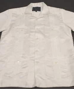 Saxifon USA Guayabera Satin Shirt S/M Cream Short Sleeve Embroidered Wedding - Picture 1 of 18