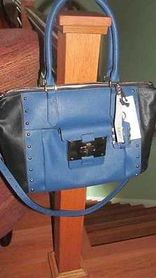 JOY GRYSON 蓝色/黑色皮革彩色块大号软垫手提包/手提包 — 第 1/4 张图片