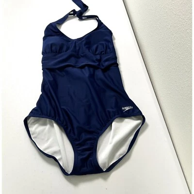 Speedo One Piece Swim Bathing Suit Womens Size L Navy Blue Padded Tie Halter - Image 1 of 4