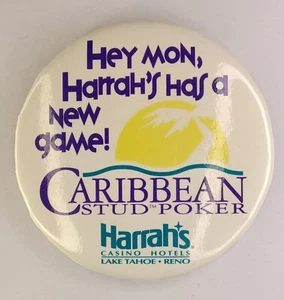 Vintage Harrah's Casino Reno LakeTahoe NV Caribbean Stud Poker 4" Pinback Button - Bild 1 von 2