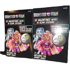 2PC Monster High 16 Valentines Exchange Cards w/ Glow In The Dark Stickers - Picture 1 of 5