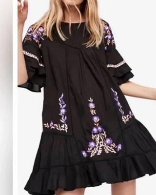 Nuevo Vestido Free People Pavlo Negro Bordado Floral Manga Campana Talla Pequeña Boho Foto 1 de 4