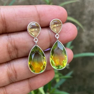 Hermoso Pendiente de Cristal Ametrino Verde Amarillo Cuarzo Limón Plata de Ley 925 - Imagen 1 de 7