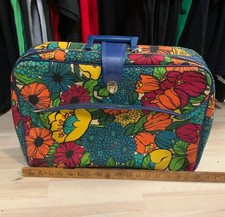 Vintage SUITCASE LUGGAGE hippie mid century flower floral soft carry on 18” Blue