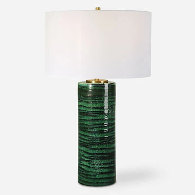 Emerald Green Swirl Stripe Cylinder Table Lamp 28 in Gloss Ceramic Elegant - Image 1 of 4