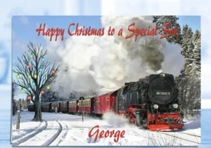 Personalised Christmas Card Steam Train HUsband Partner Brother Dad Nephew - Picture 1 of 2