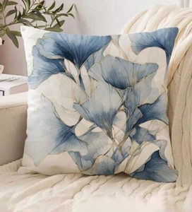 Cushion Cover 45x45cm, Blue, Ivory & Gold Floral Design, Zipper Opening - Picture 1 of 4