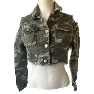Justice Girls Stretch Green Camouflage Embellished Cropped Denim Jacket Size 10 - Picture 1 of 4