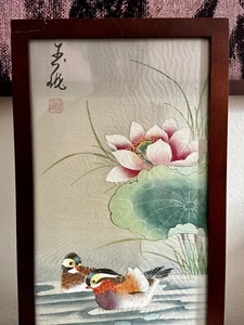 Chinese Watercolor Silk Framed Signed Original Lotus Flowers Mandarin Ducks 15x9 - Picture 1 of 12