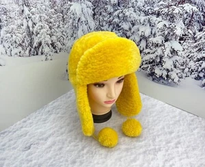 Amarillo Ushanka, sombrero de trampero de invierno para mujer orejeras, sombrero de nieve, piel de oveja - Imagen 1 de 10