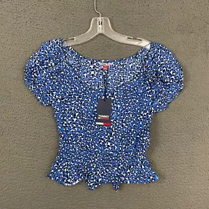 Tommy Jeans Top Womens Small Blue Animal Print Viscose Short Sleeve Casual Mom - Picture 1 of 9