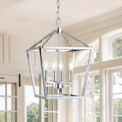 JONATHAN Y Pagoda 12 in. 4-Bulb Chrome Lantern Metal LED Pendant Farmhouse - Image 1 of 4