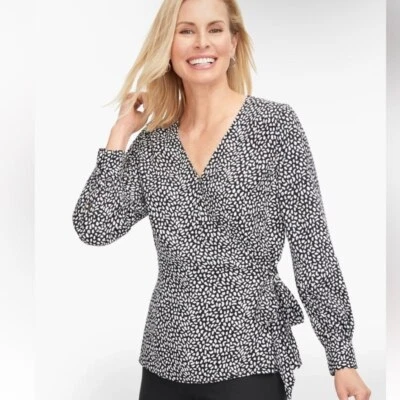 Talbots Faux Wrap Black and White Leopard Print Blouse 2X Long sleeve. - Image 1 of 4
