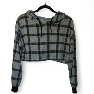 Women Medium Black Gray Buffalo Check Pullover Long Sleeve Crop Draw Hoodie - Picture 1 of 6