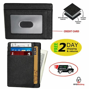 RFID Blocking Wallet Black Front Pocket Minimalist Genuine Leather Slim Medium - Picture 1 of 9