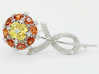 Vintage 18K White Gold Yellow Orange Sapphires Diamonds Brooch Pin