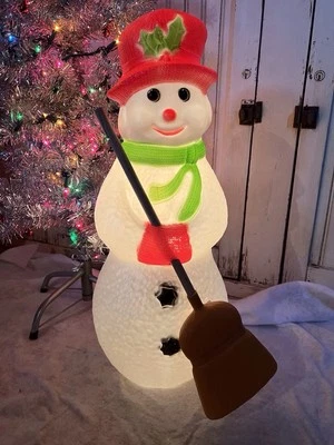 Vintage Blow Mold Dimpled Snowman With Broom Lighted Union New Old Stock 22”Tall - Image 1 of 4