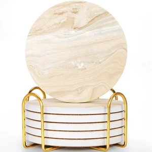 Coasters for Drinks Set of 6 Absorbent Marble Style Ceramic Cup Tabletop - Picture 1 of 7